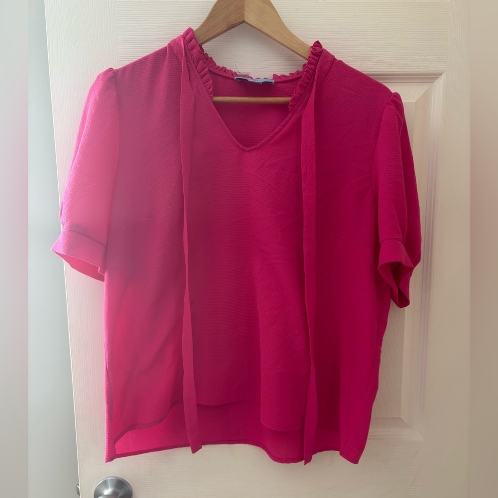 CeCe ruffle trim v-neck blouse puff short sleeve size large pink